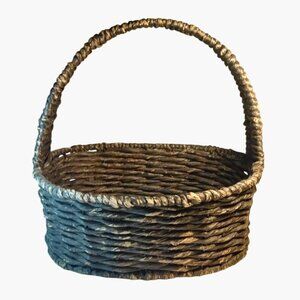 Handwoven Rattan Oval Basket Black Handle Rustic Farmhouse Cabin Cottage